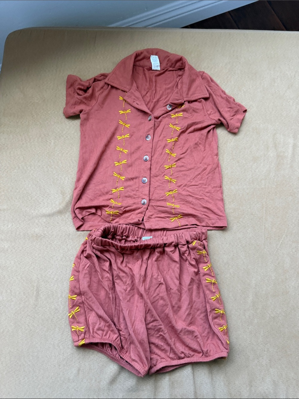 kate quinn Rust Pink Short Sleeve Set with Yellow Dragonfly Embroidery